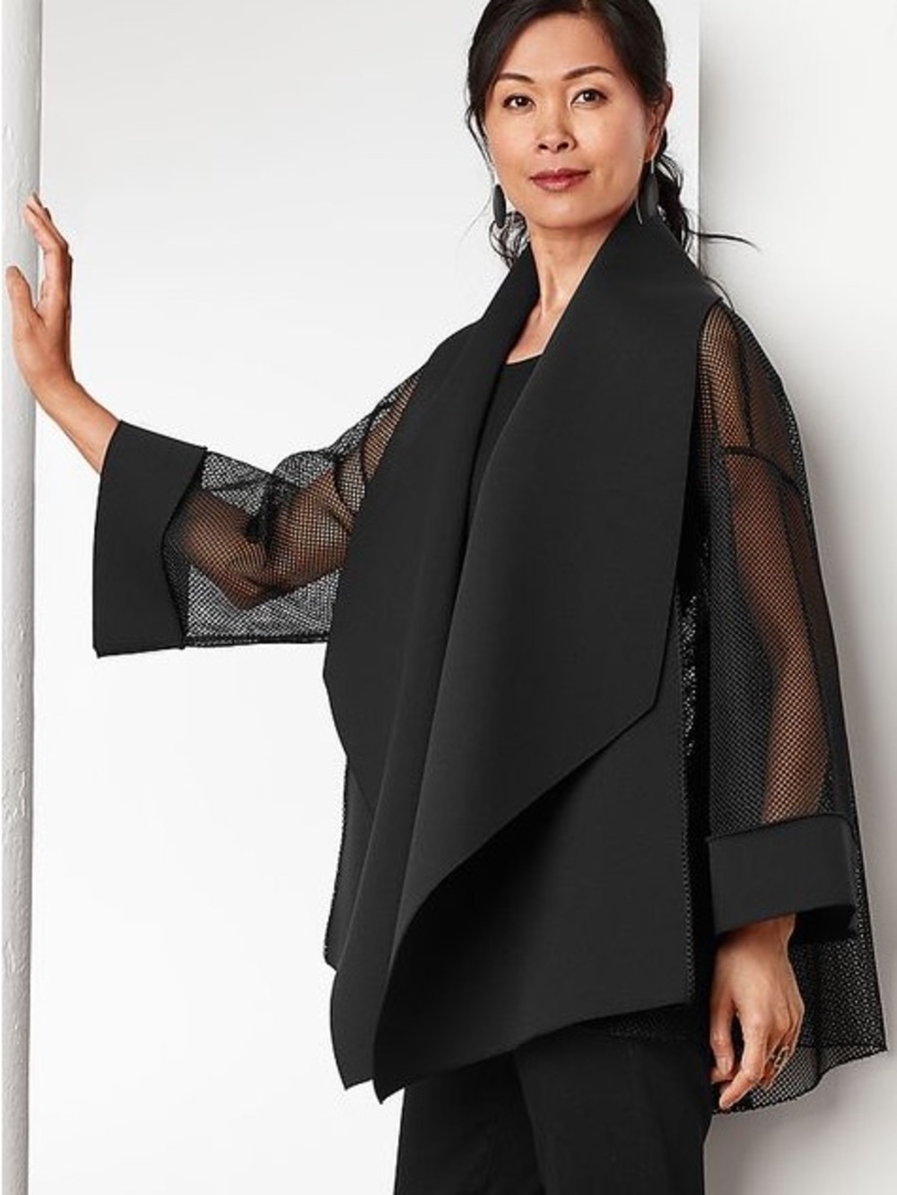 Wynne Layers  Black Draped Open-Front Mesh Scuba Jacket